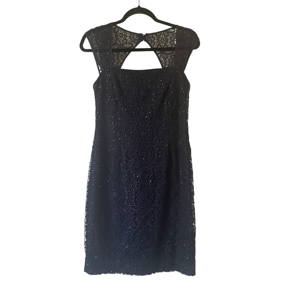 Adrianna Papell dark blue sequin lace midi length evening dress size 8